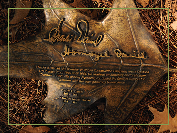 Bronze oak leaf in honor of Charles E. Daniel and Homozel Mickel Daniel.
