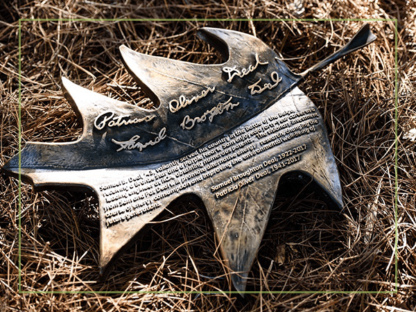 Bronze oak leaf in honor of Samuel B. Deal and Patricia Oliver Deal.